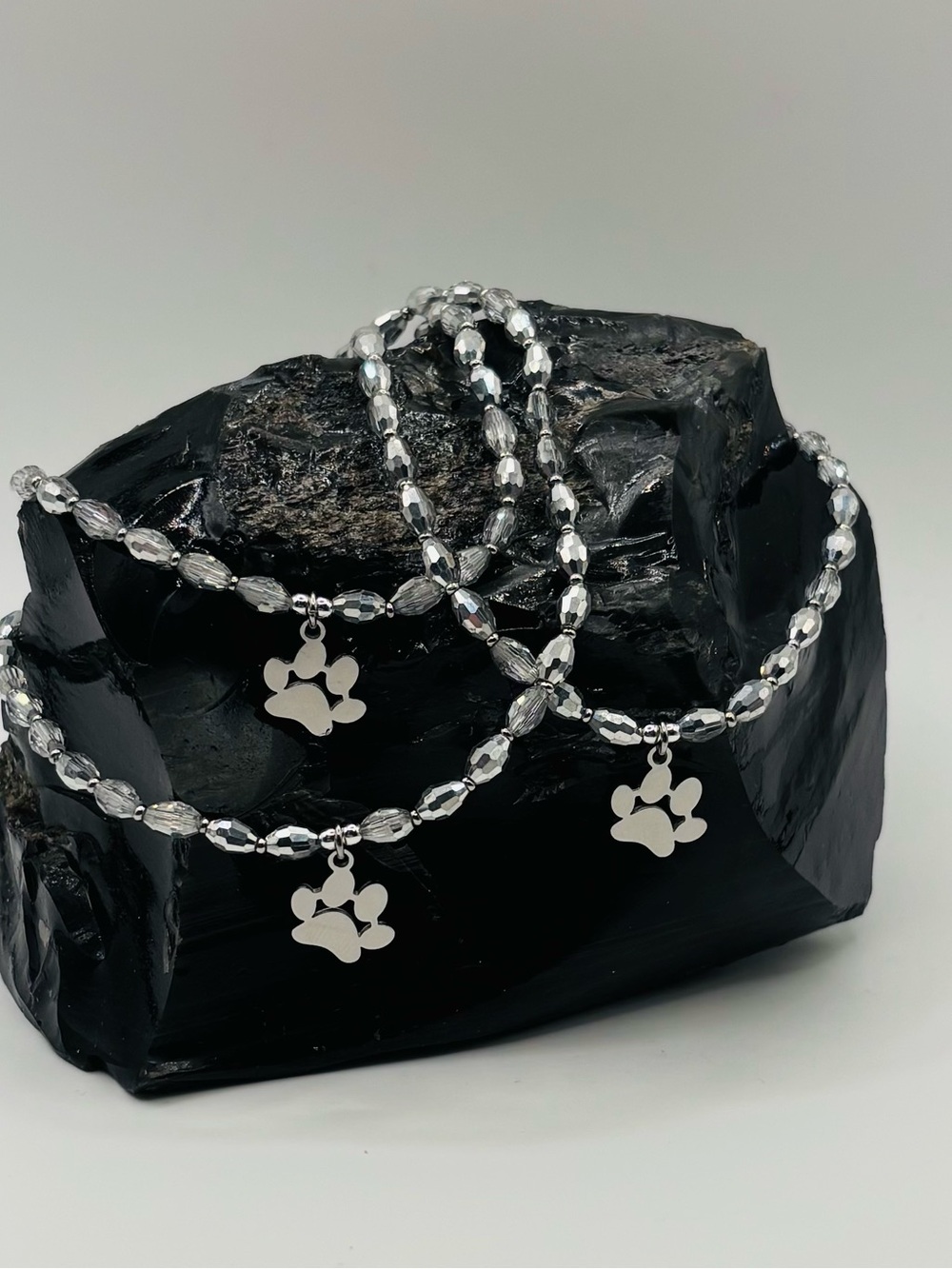 *ANKLET* S.Steel Paw Print & Half Silver Glass Crystal Stretchy Anklet